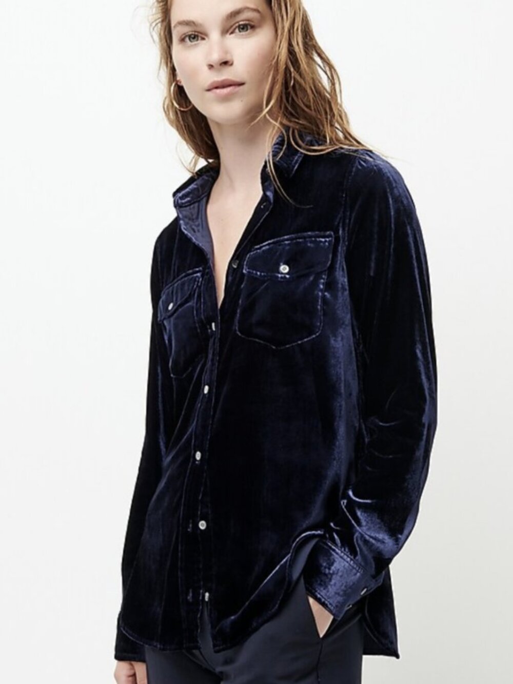 J. Crew Classic Fit Drapey Crushed Velvet Navy Blue Button Up Shirt